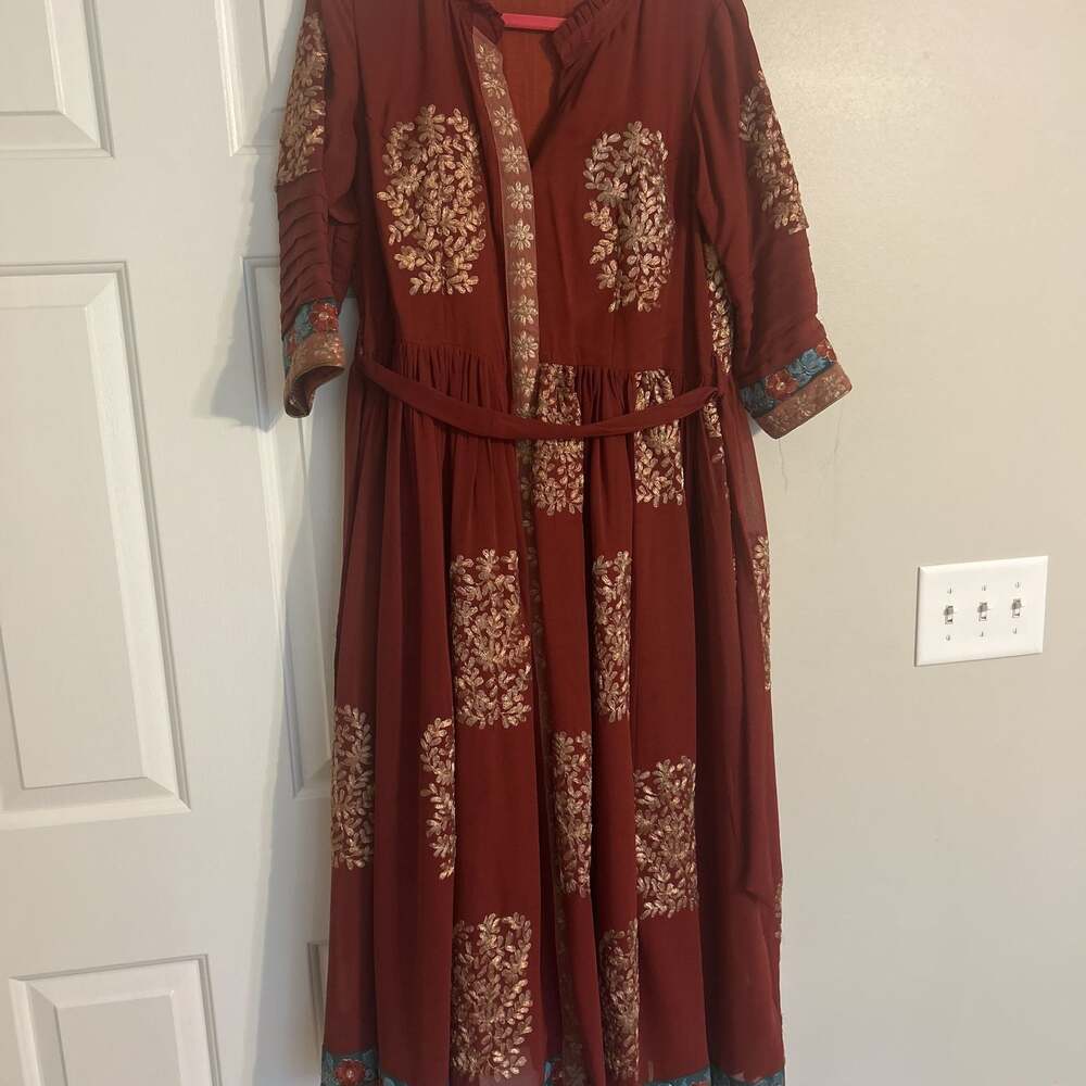 Deep Red Gold Embroidered Dress with Tie Belt made from original Indian Sari